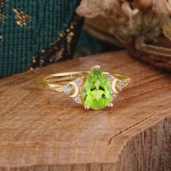 3 Prong Unique Pear Cut Peridot Cluster Engagement Ring