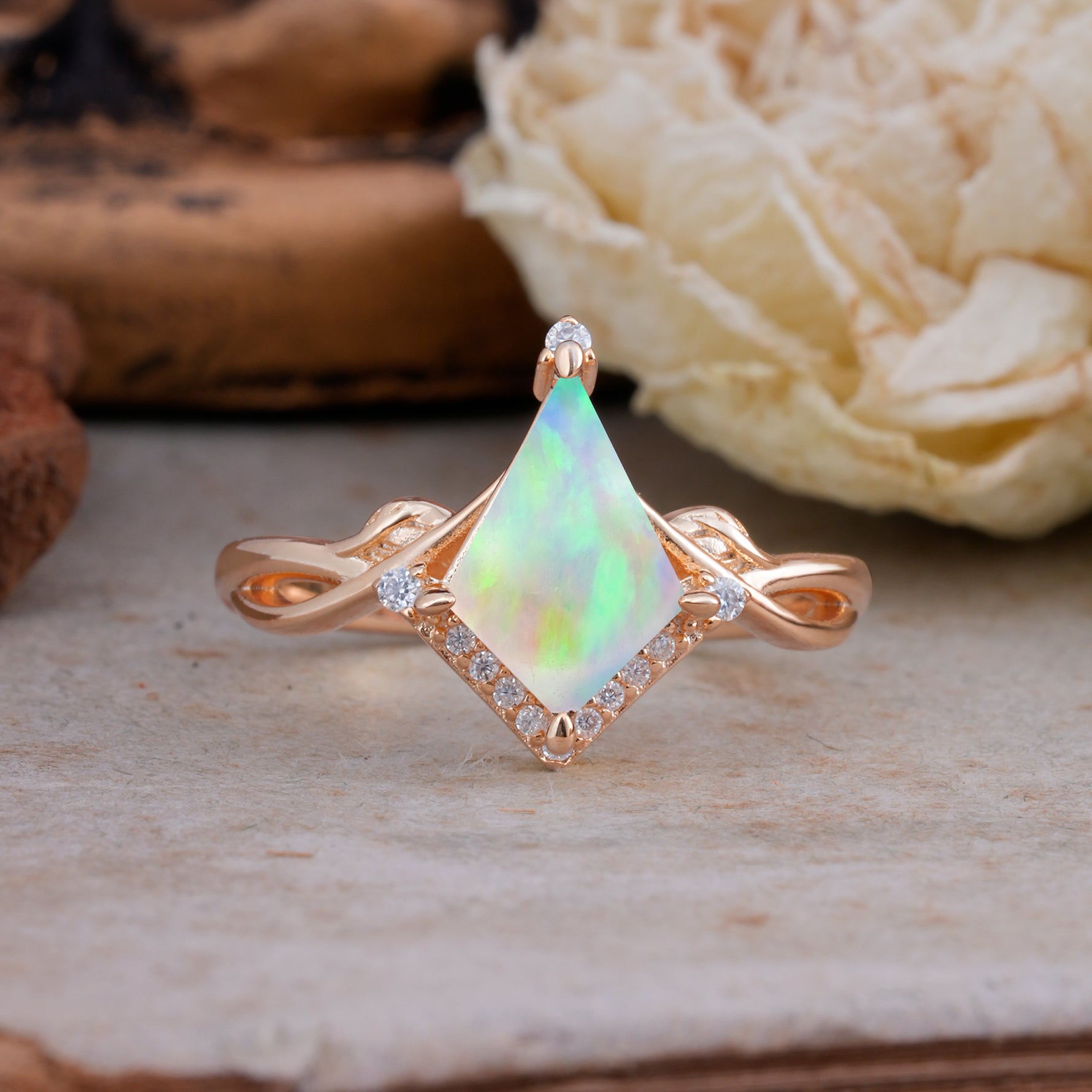 Unique Pear Cut Halo Fire Opal Engagement Ring Bezel Cluster Ring     - Additional view