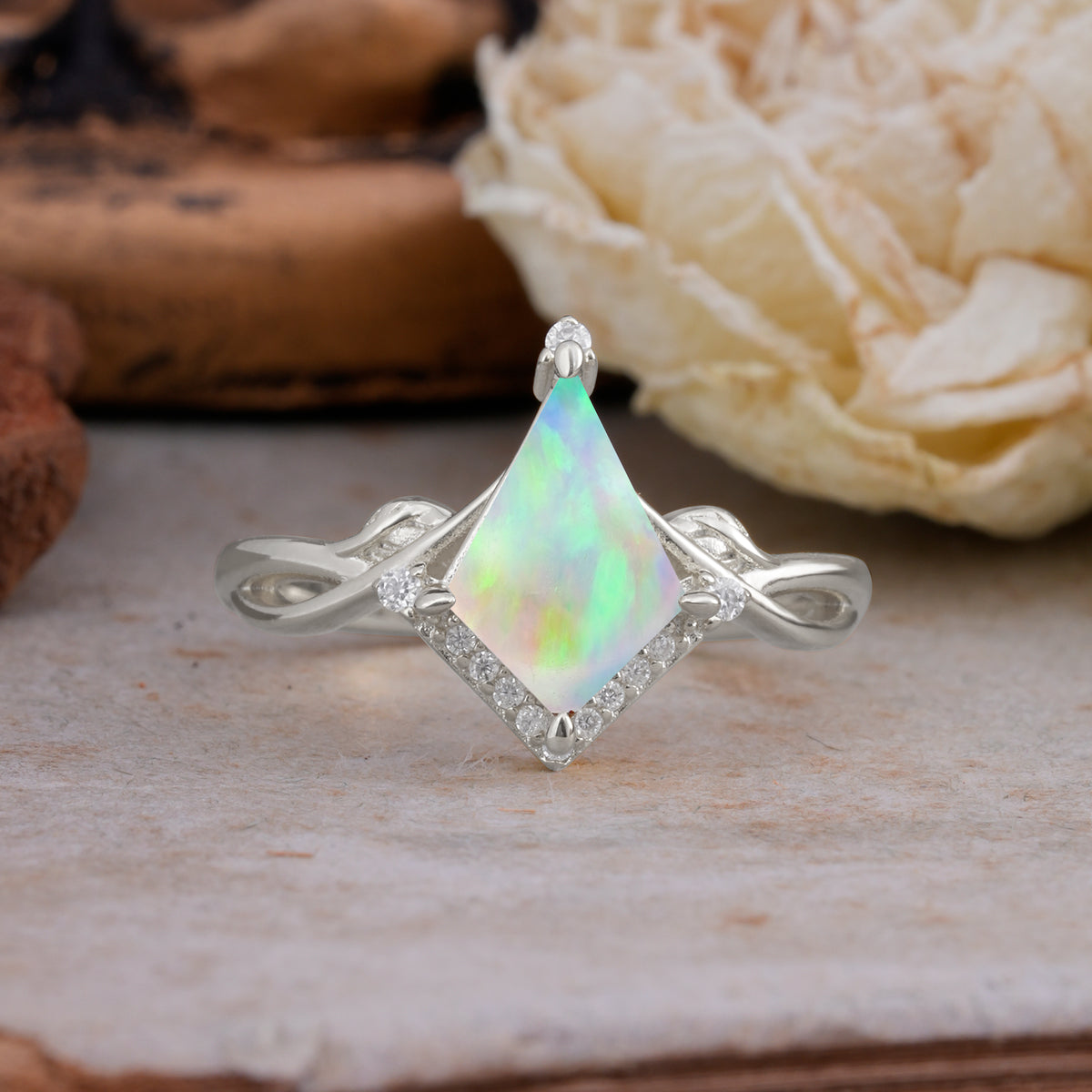 Unique Pear Cut Halo Fire Opal Engagement Ring Bezel Cluster Ring     - Additional view