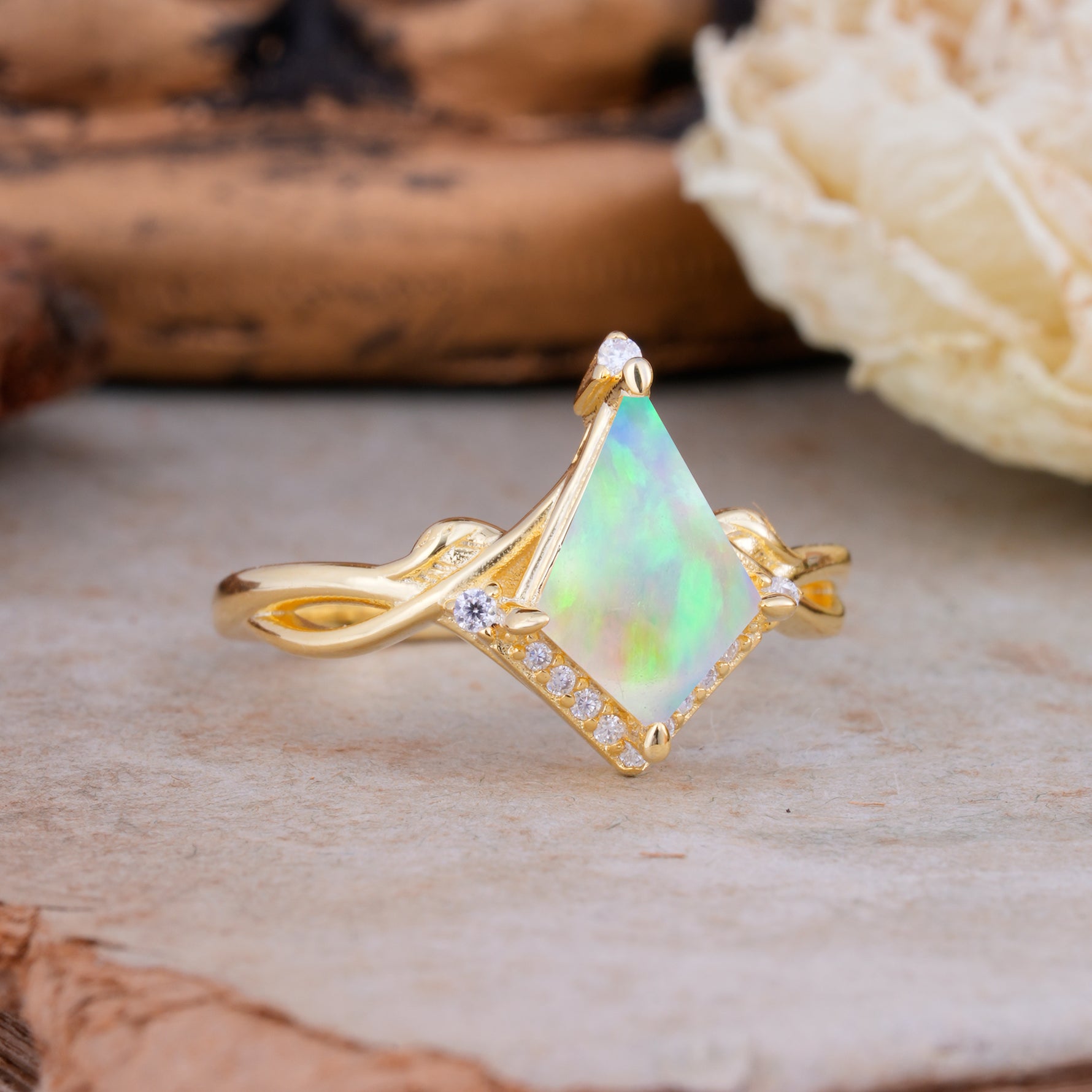 Unique Pear Cut Halo Fire Opal Engagement Ring Bezel Cluster Ring     - Additional view