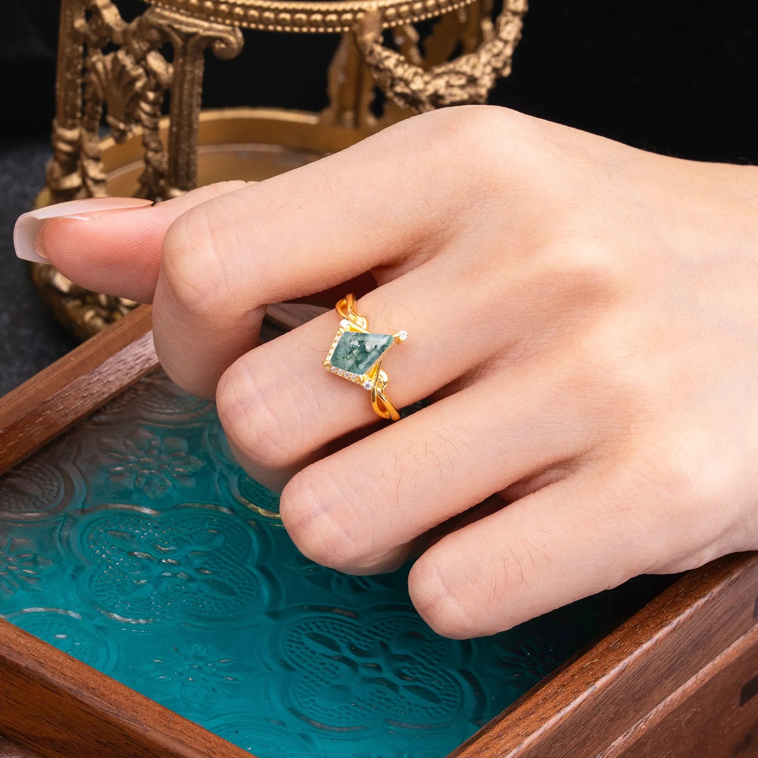 Elegant Kite Cut Moss Agate Engagement Ring for Women