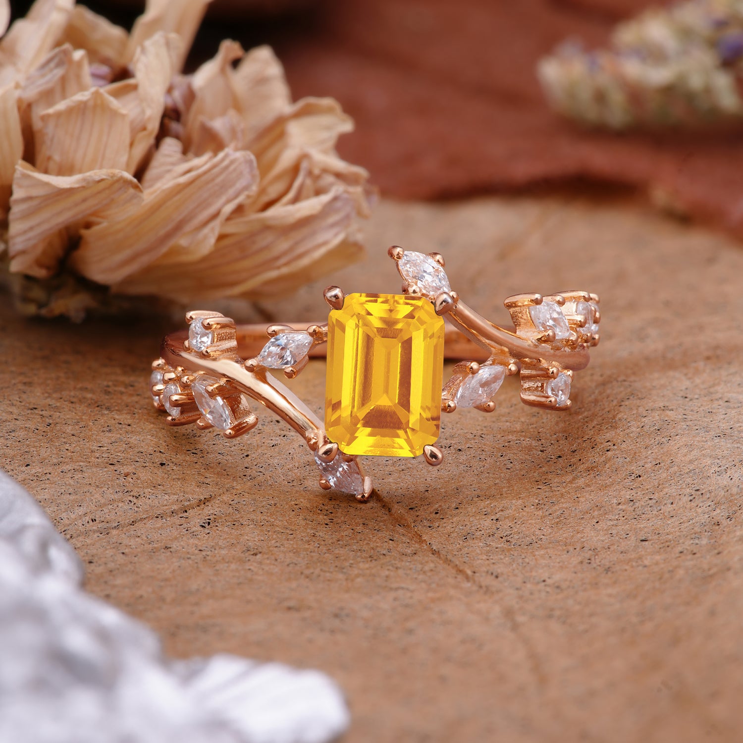 Natural-Inspired Emerald Cut Citrine 4 Prong Engagement Ring