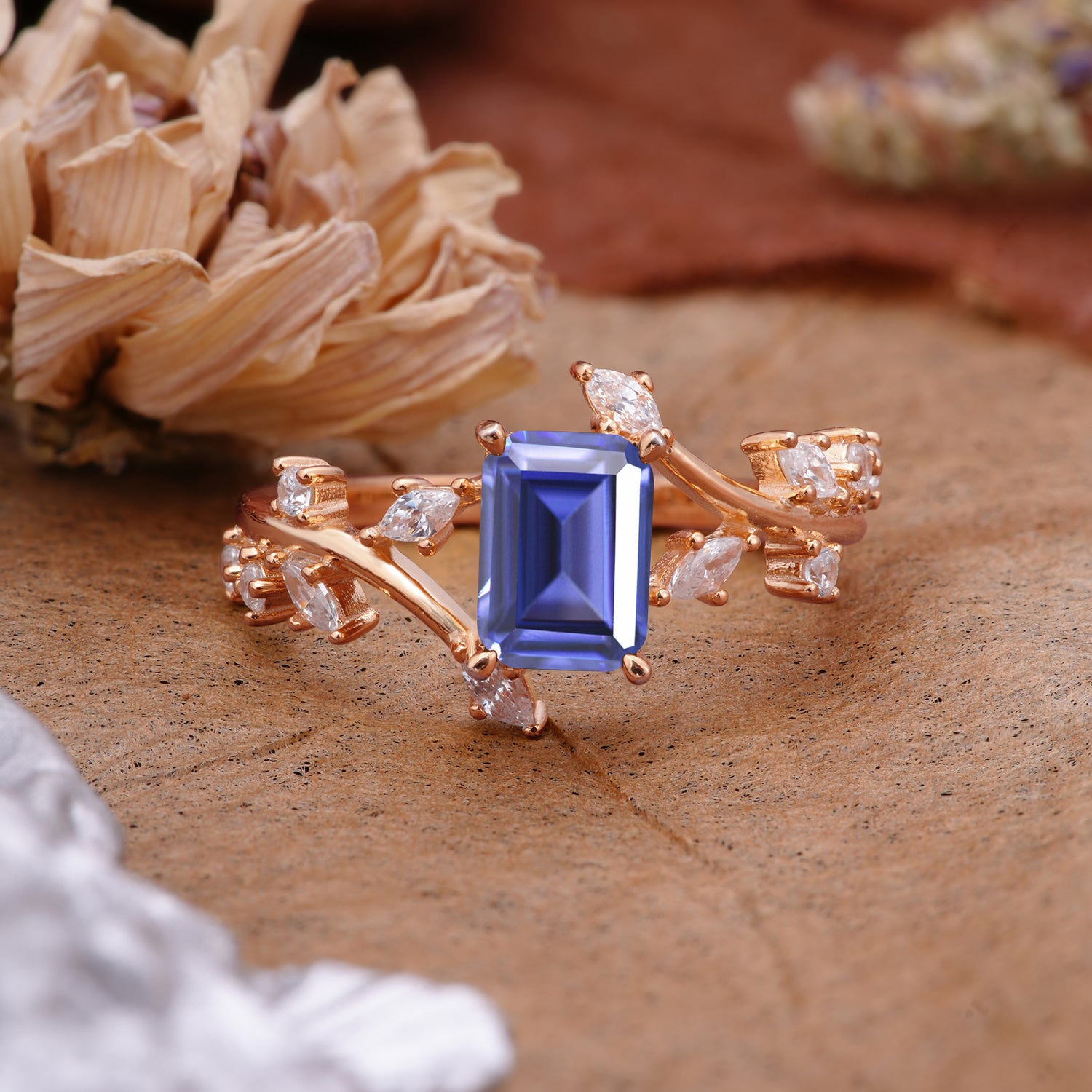 Natural-Inspired Emerald Cut Tanzanite 4 Prong Engagement Ring