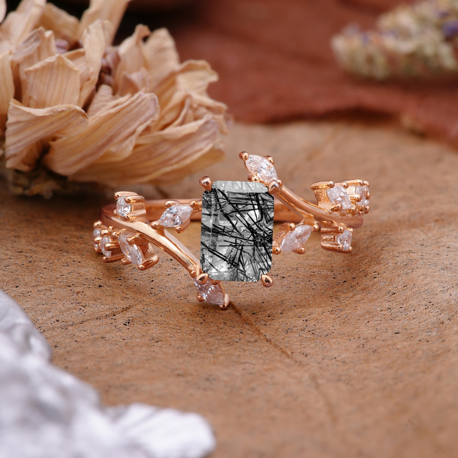 Natural-Inspired Emerald Cut Black Rutilated Quartz 4 Prong Engagement Ring