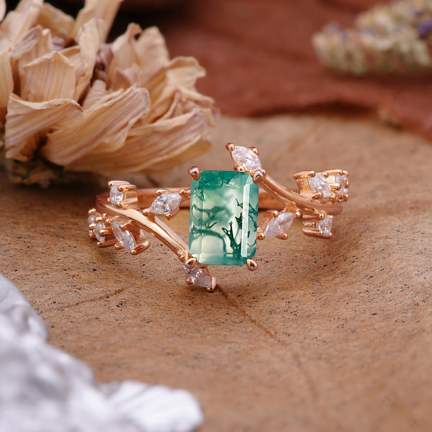 Natural-Inspired Emerald Cut Moss Agate 4 Prong Engagement Ring