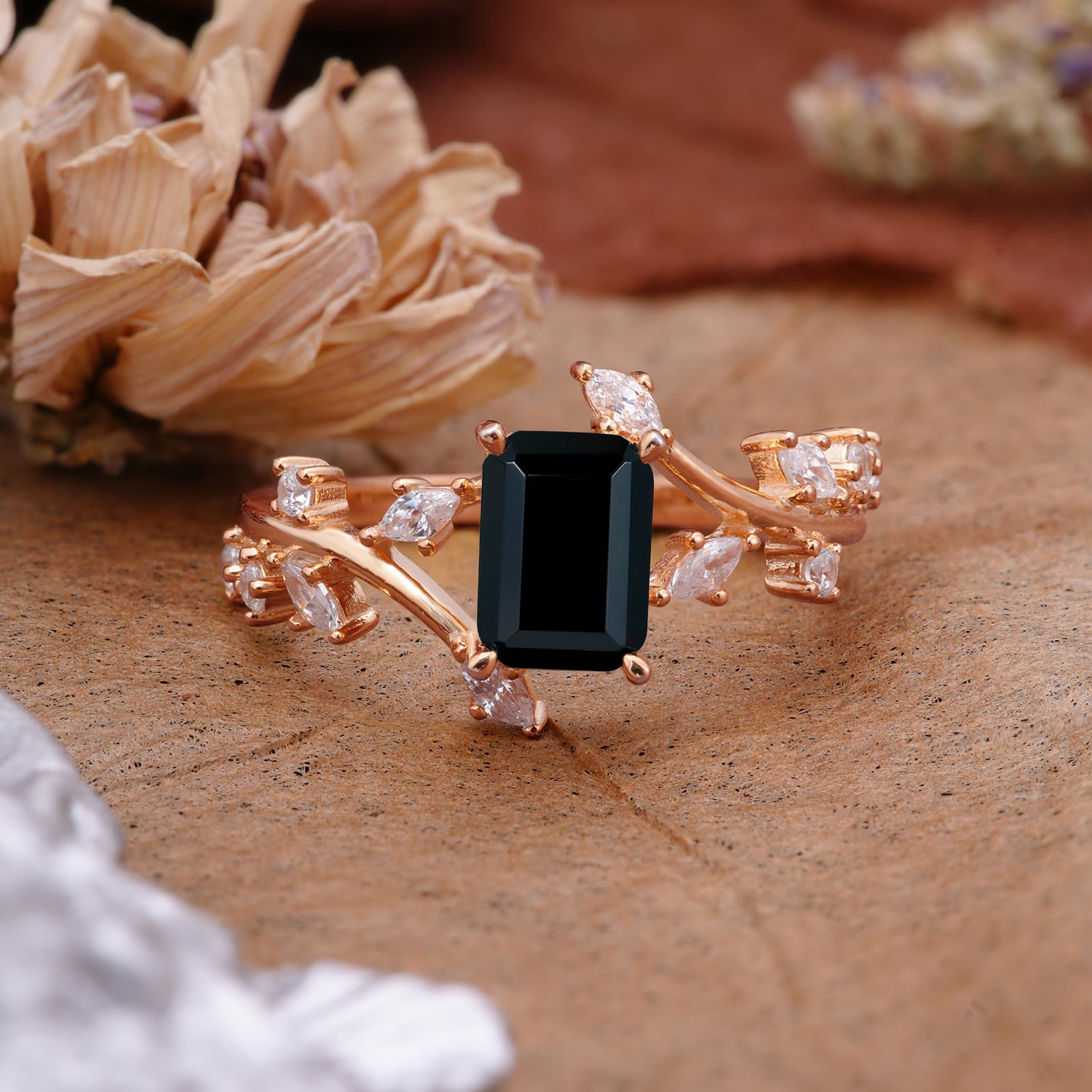 Natural-Inspired Emerald Cut Black Onyx 4 Prong Engagement Ring