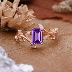 Natural-Inspired Emerald Cut Amethyst 4 Prong Engagement Ring