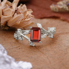 Natural-Inspired Emerald Cut Garnet 4 Prong Engagement Ring