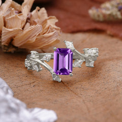 Natural-Inspired Emerald Cut Amethyst 4 Prong Engagement Ring