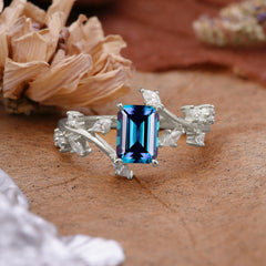 Natural-Inspired Emerald Cut Alexandrite 4 Prong Engagement Ring