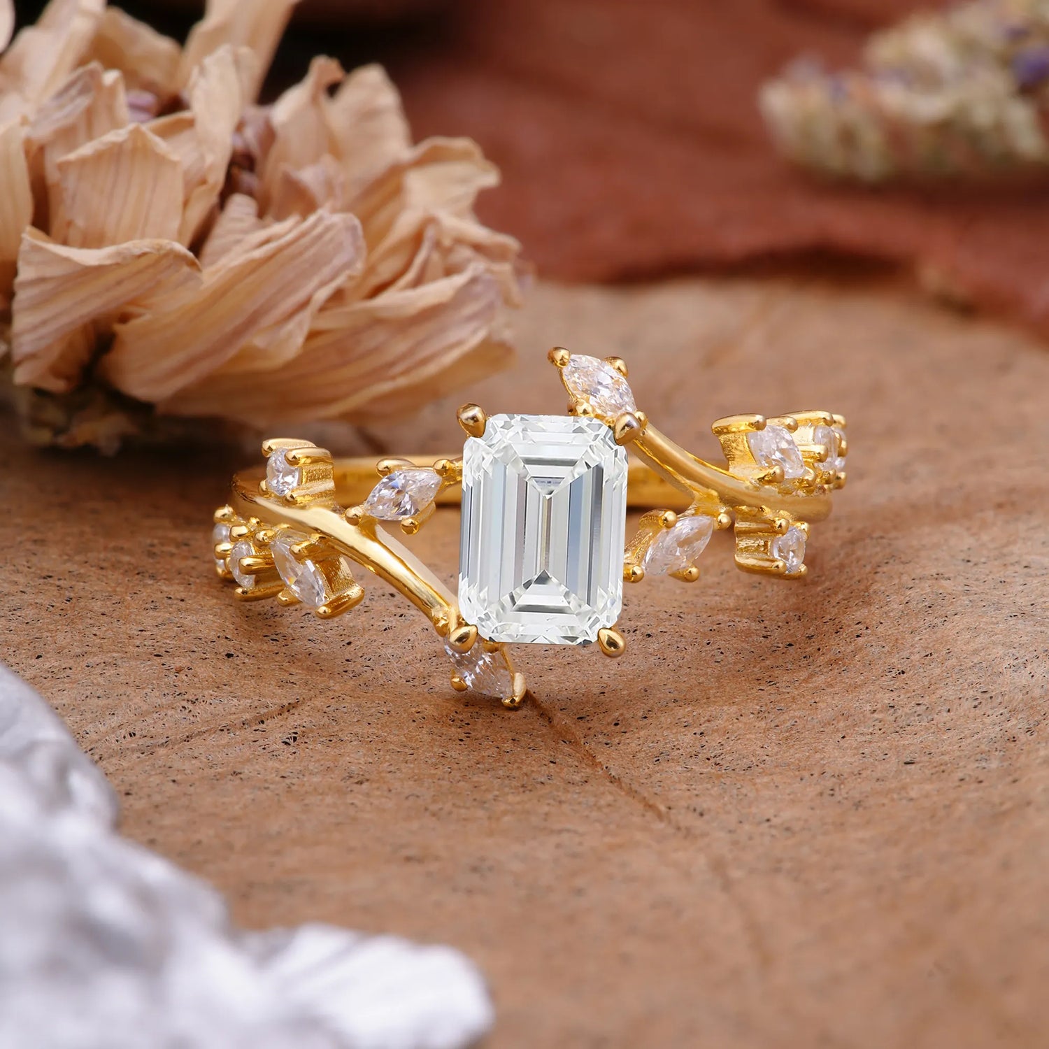 Natural-Inspired Emerald Cut Moissanite 4 Prong Engagement Ring