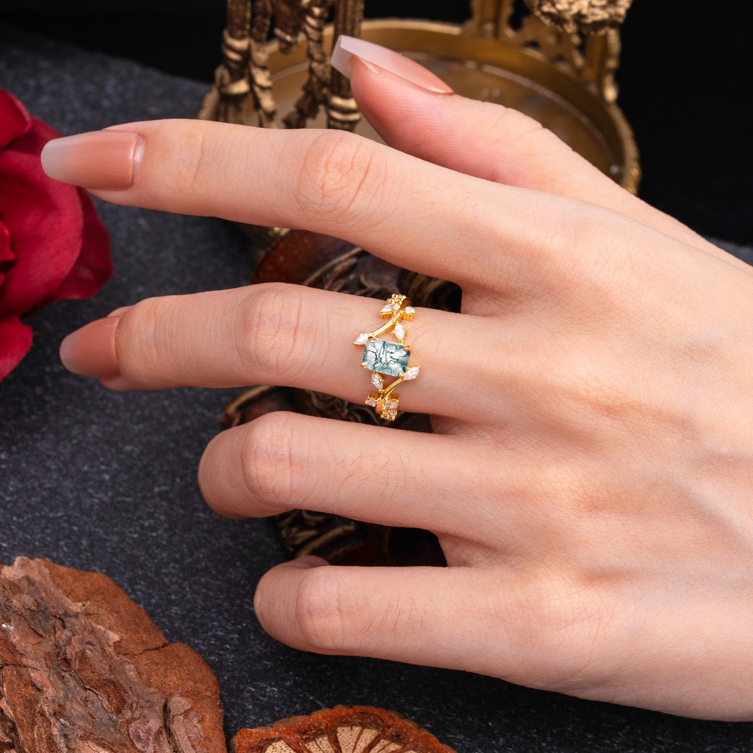 Natural-Inspired Emerald Cut Moss Agate 4 Prong Engagement Ring