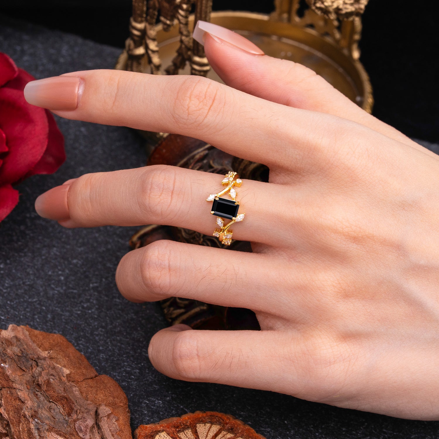 Natural-Inspired Emerald Cut Black Onyx 4 Prong Engagement Ring