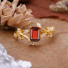 Natural-Inspired Emerald Cut Garnet 4 Prong Engagement Ring