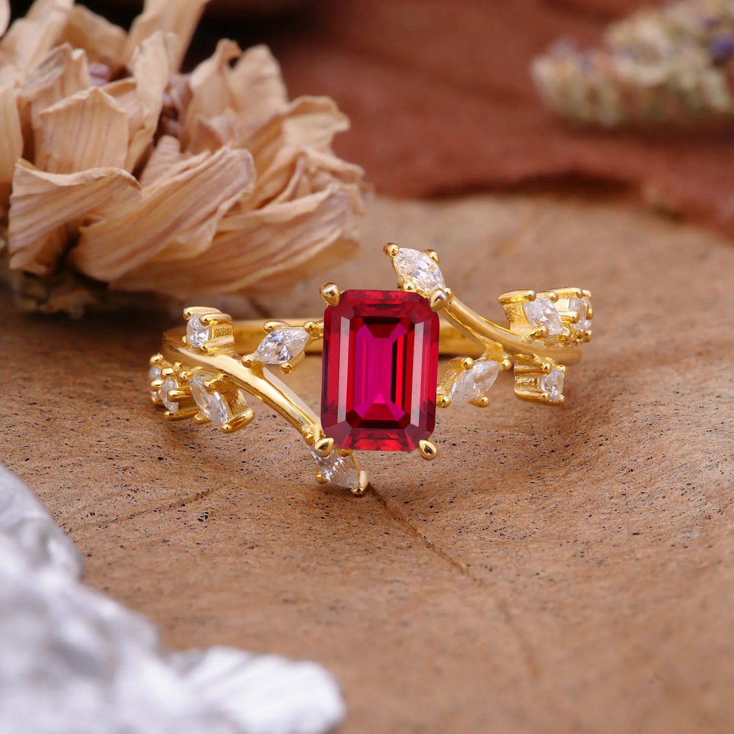 Natural-Inspired Emerald Cut Ruby 4 Prong Engagement Ring