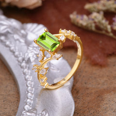 Natural-Inspired Emerald Cut Peridot 4 Prong Engagement Ring