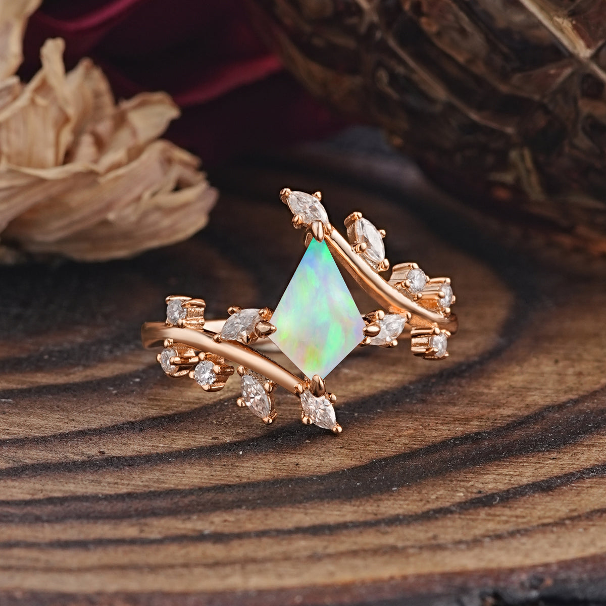Kite Cut GoldFire Opal Engagement Ring for Women     - Additional view