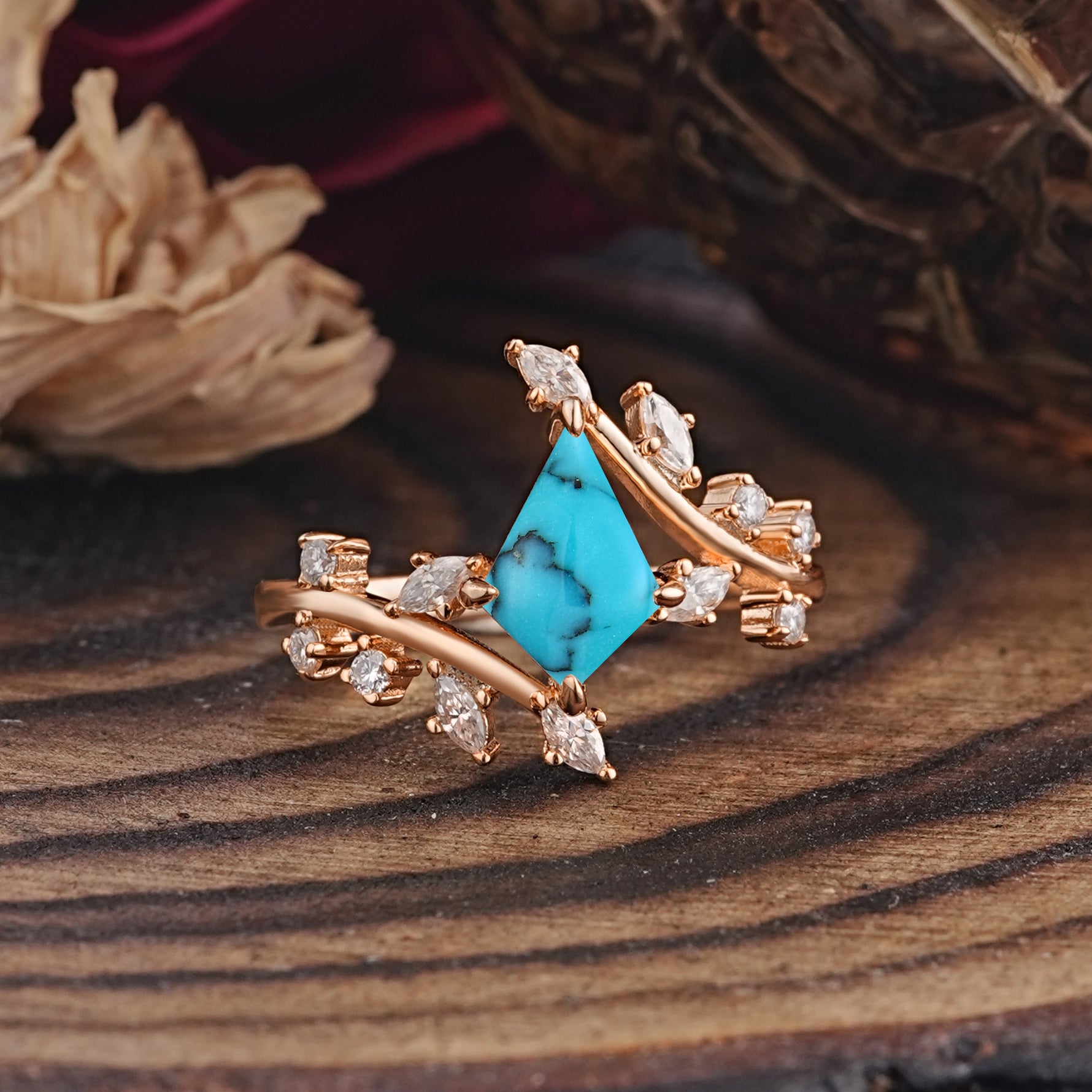 Kite Cut GoldTurquoise Engagement Ring for Women     - Additional view