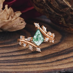 Kite Cut Gold Leaf Moss Agate Engagement Ring for Women