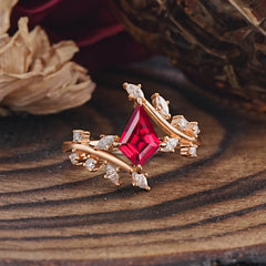 Kite Cut Gold Leaf Ruby Engagement Ring for Women