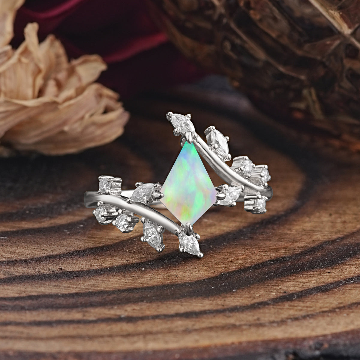 Kite Cut GoldFire Opal Engagement Ring for Women     - Additional view