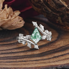 Kite Cut Gold Leaf Moss Agate Engagement Ring for Women