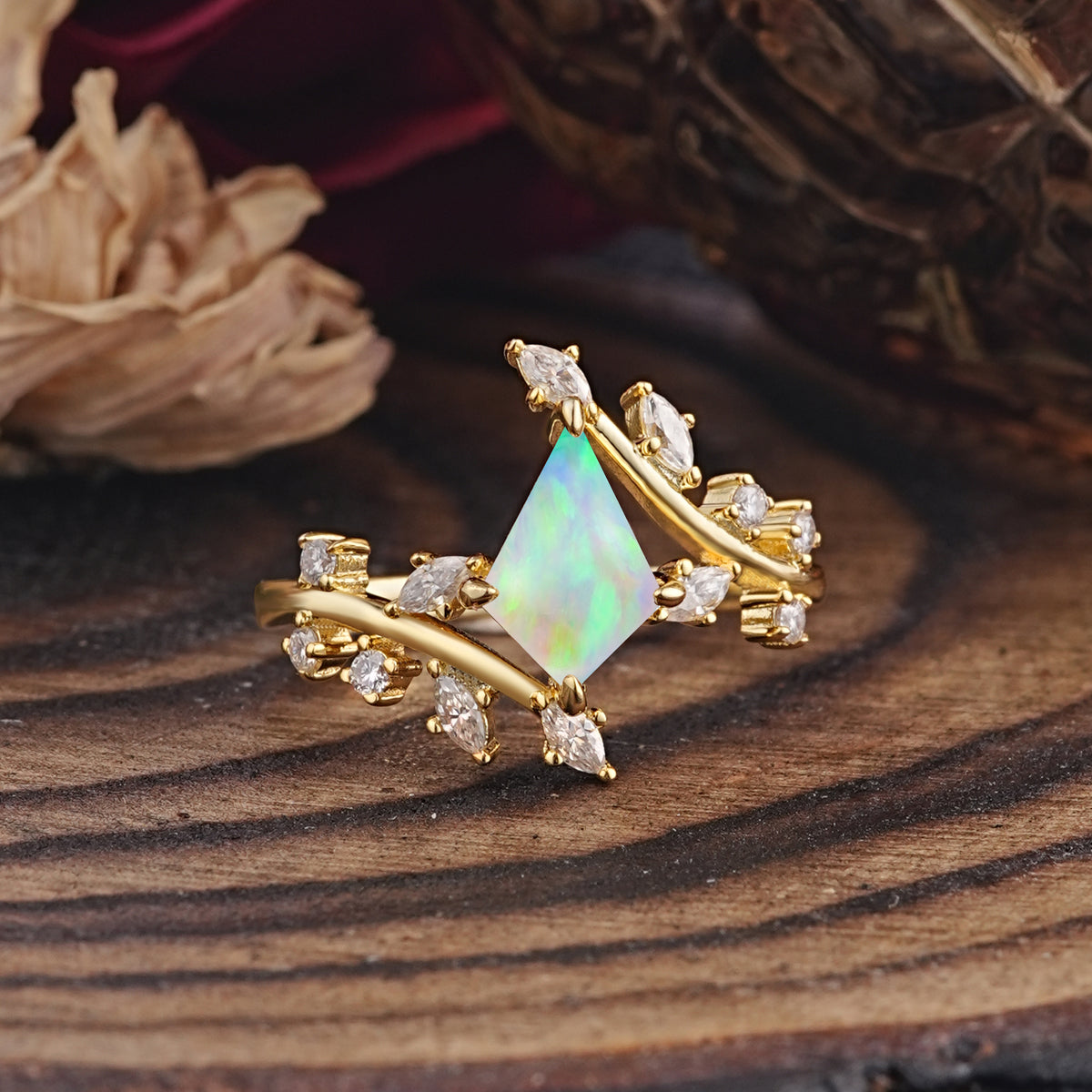 Kite Cut GoldFire Opal Engagement Ring for Women     - Additional view