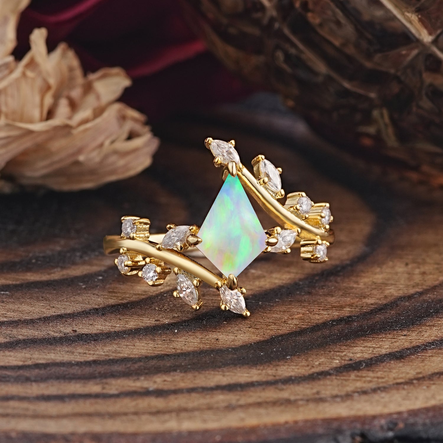 Kite Cut GoldFire Opal Engagement Ring for Women     - Additional view