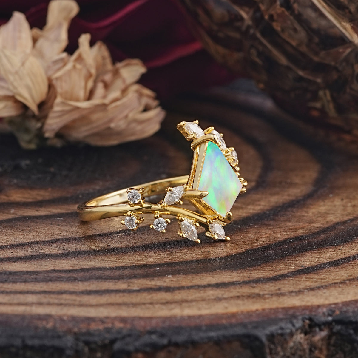 Kite Cut GoldFire Opal Engagement Ring for Women     - Additional view