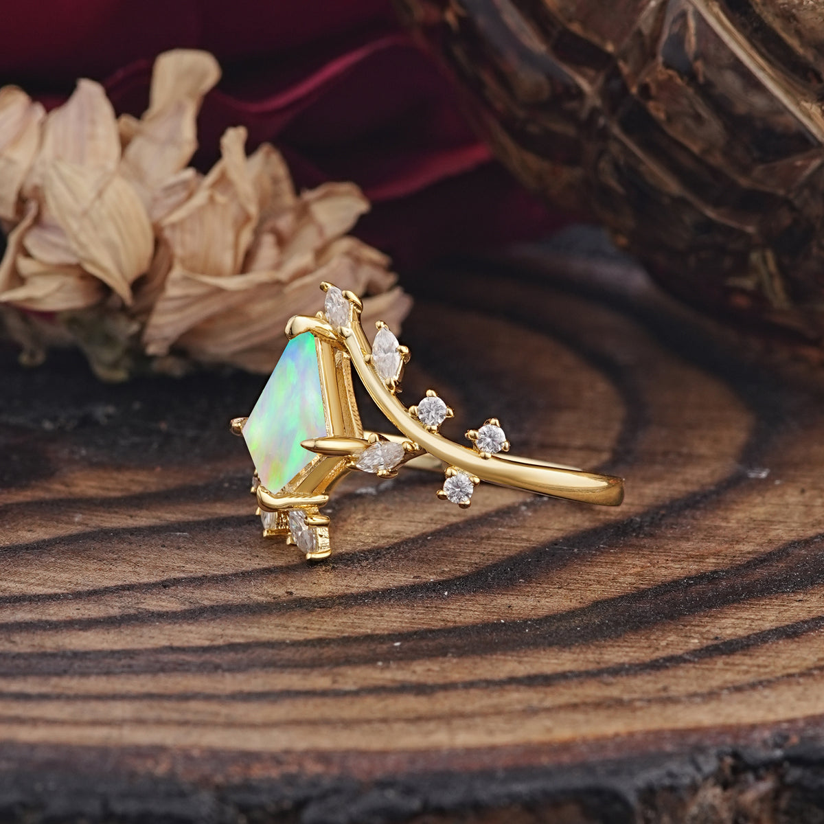 Kite Cut GoldFire Opal Engagement Ring for Women     - Additional view