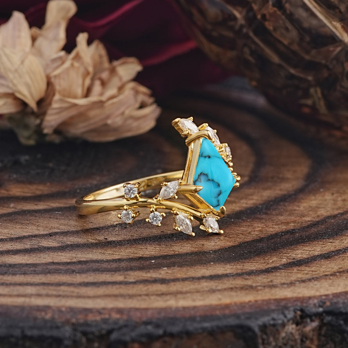 Kite Cut GoldTurquoise Engagement Ring for Women     - Additional view