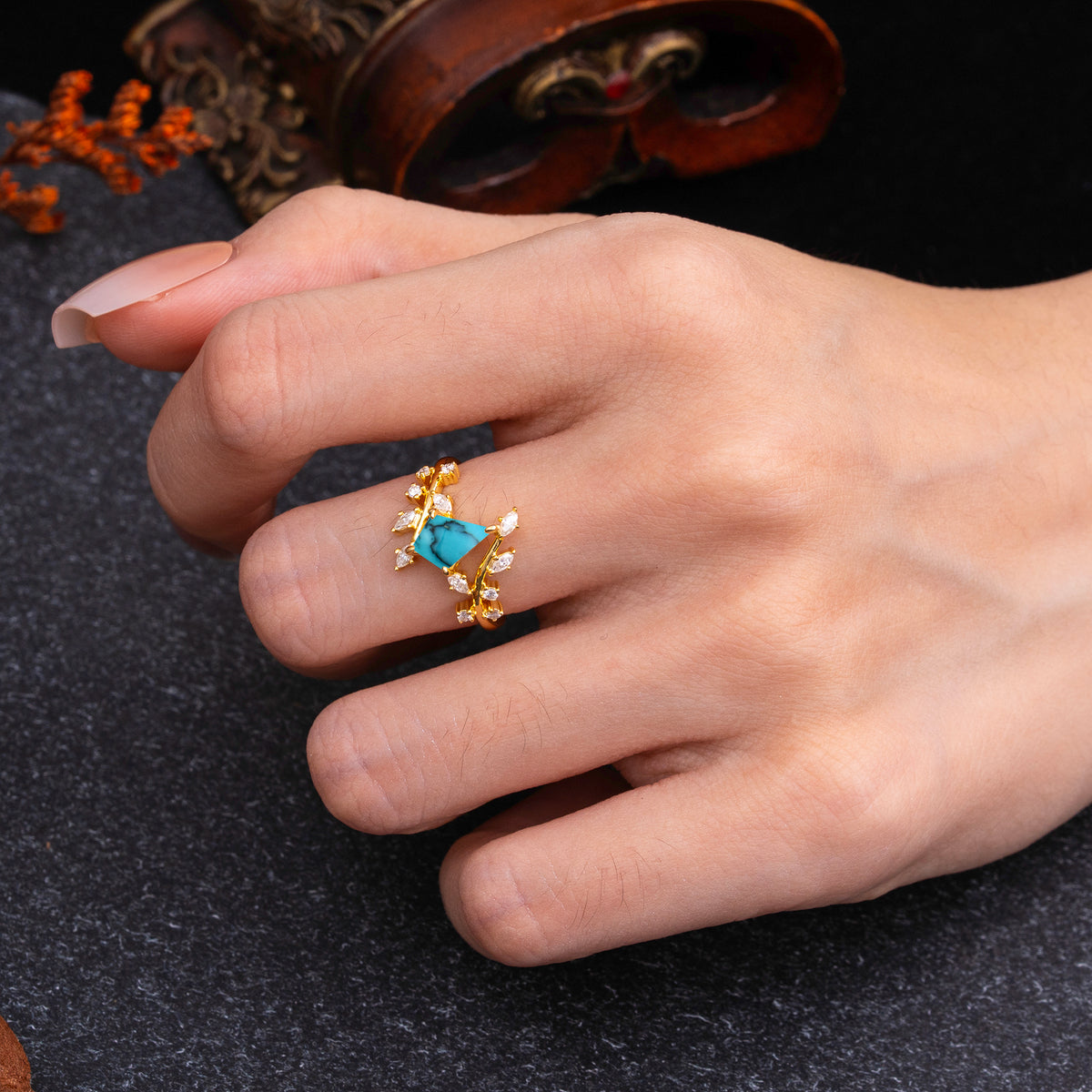 Kite Cut GoldTurquoise Engagement Ring for Women     - Additional view