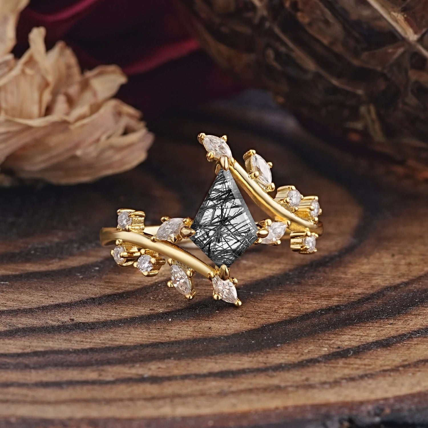Kite Cut Gold Leaf Black Rutilated Quartz Engagement Ring for Women