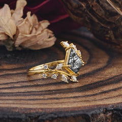 Kite Cut Gold Leaf Black Rutilated Quartz Engagement Ring for Women