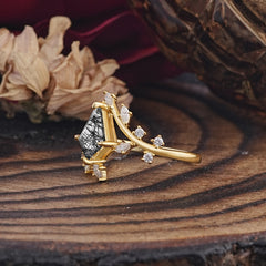 Kite Cut Gold Leaf Black Rutilated Quartz Engagement Ring for Women
