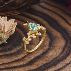 Kite Cut Gold Leaf Moss Agate Engagement Ring for Women