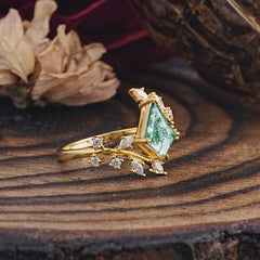 Kite Cut Gold Leaf Moss Agate Engagement Ring for Women