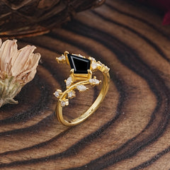 Kite Cut Gold Leaf Black Onyx Engagement Ring for Women