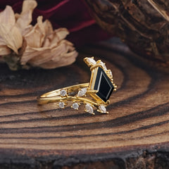 Kite Cut Gold Leaf Black Onyx Engagement Ring for Women
