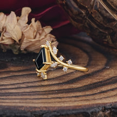 Kite Cut Gold Leaf Black Onyx Engagement Ring for Women