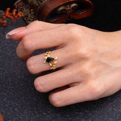 Kite Cut Gold Leaf Black Onyx Engagement Ring for Women