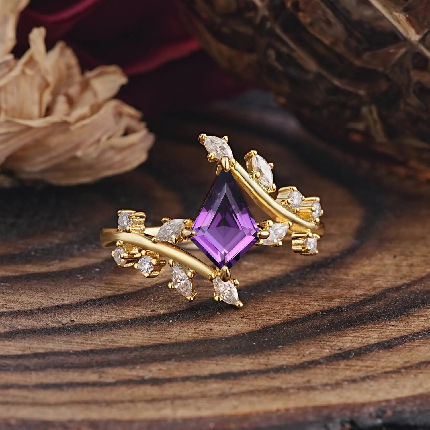 Kite Cut Gold Leaf Amethyst Engagement Ring for Women