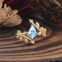 Kite Cut Gold Leaf Aquamarine Engagement Ring for Women