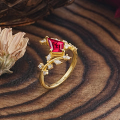 Kite Cut Gold Leaf Ruby Engagement Ring for Women