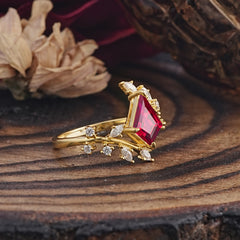 Kite Cut Gold Leaf Ruby Engagement Ring for Women