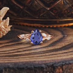 Nature-Inspired Pear-Shaped Classic Tanzanite Ring for Engagement and Weddings