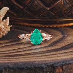 Nature-Inspired Pear-Shaped Classic Emerald Ring for Engagement and Weddings