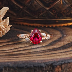 Nature-Inspired Pear-Shaped Classic Ruby Ring for Engagement and Weddings