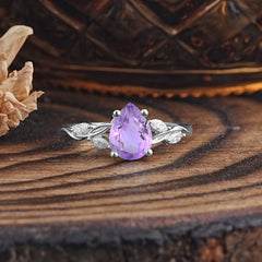 Nature-Inspired Pear-Shaped Classic Amethyst Ring for Engagement and Weddings