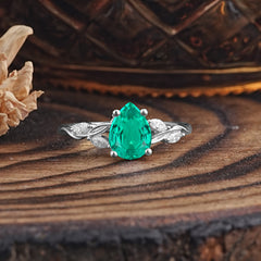 Nature-Inspired Pear-Shaped Classic Emerald Ring for Engagement and Weddings